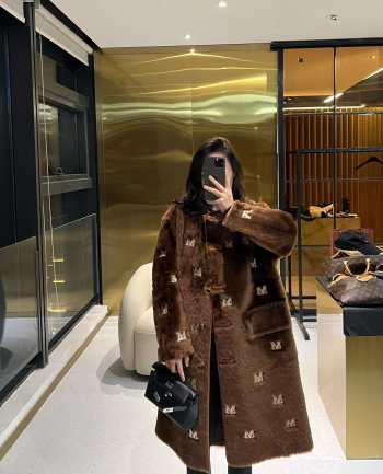 Max Mara oversized long fur coat embroidered with brown M logo