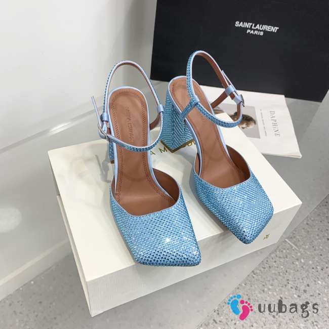 Amina Muaddi Charlotte Crystal Pump Frosty Blue Satin And Light Sapphire Satin 9.5cm - 1