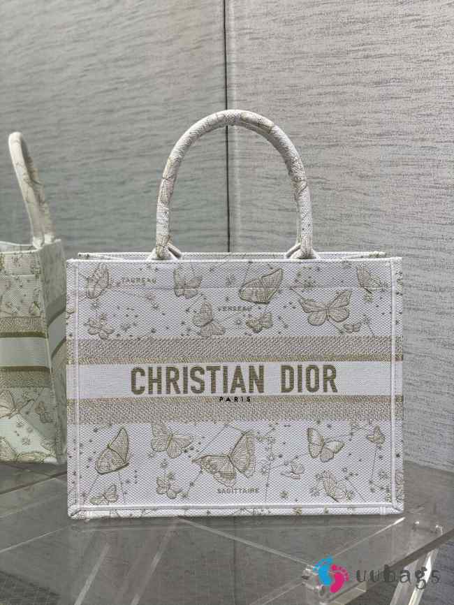 Dior Book Tote Gold Tone and White Butterfly Zodiac Embroidery 36x27.5x16.5cm - 1