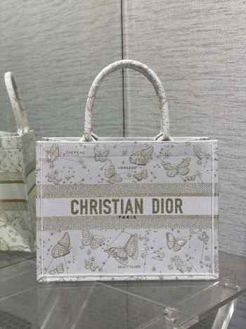 Dior Book Tote Gold Tone and White Butterfly Zodiac Embroidery 36x27.5x16.5cm