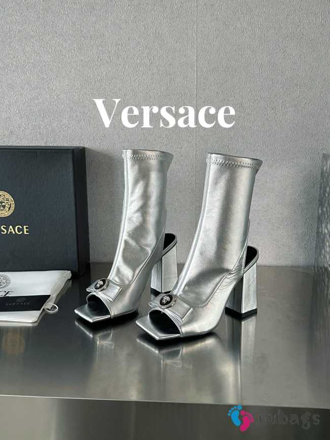 Versace leather open-toe boots in silver 10cm - 1