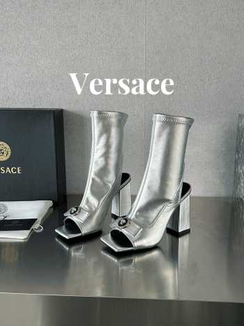 Versace leather open-toe boots in silver 10cm