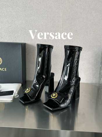 Versace patent leather open-toe boots in black 10cm