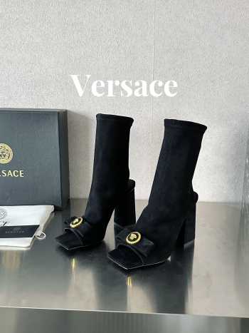 Versace velvet leather open-toe boots in black 10cm