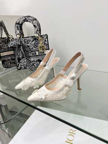 J'adior Slingback Pump Transparent Mesh Embroidered with White 3D Macramé-Effect D-Lace Motif 10cm