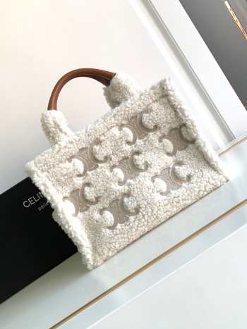 Celine Cabas Thais In Shearling With Triomphe Embroideries Natural /Tan 25.5x18.5x12cm