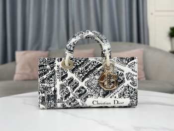 Dior Lady D-Joy Bag White and Black Plan de Paris Printed Calfskin 26x13.5x5cm