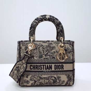 Dior Mini Lady D-Lite Bag Beige and Black Toile de Jouy Reverse Embroidery 24x20x11cm