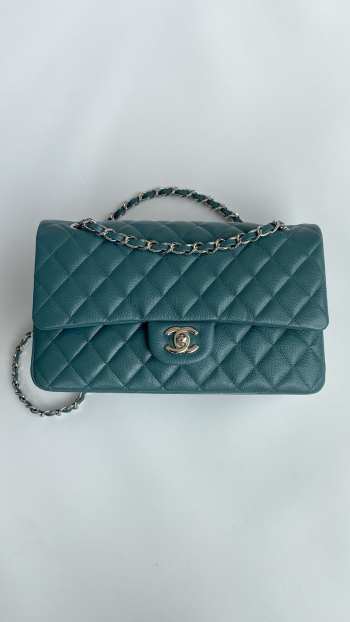 Chanel CF flap bag caviar leather in green with silver hardware 25cm