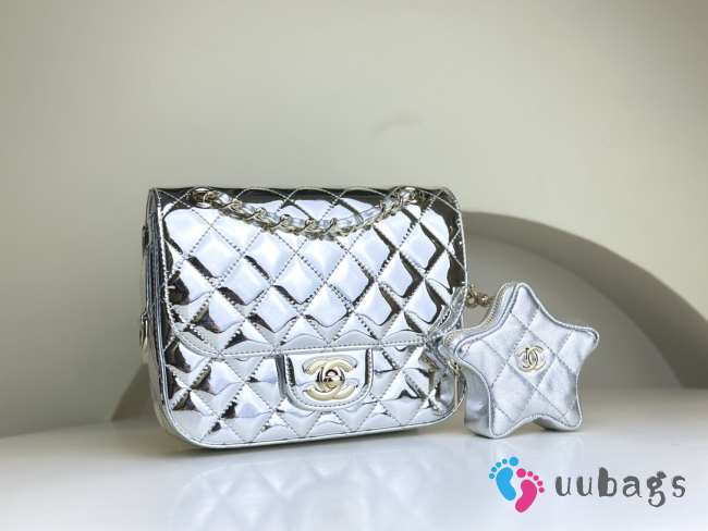 Chanel Mini Flap Bag & Star Coin Purse Silver Metal Pale metallic silver 15x20x6.5cm - 1