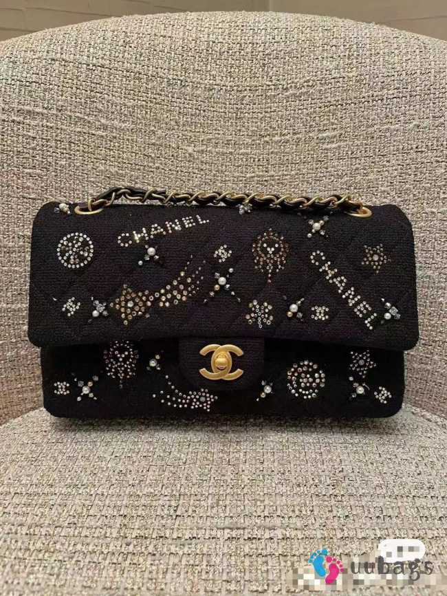 Chanel classic handbag embroidered tweed, glittering stones, glass pearls & gold metallic black 25.5cm - 1