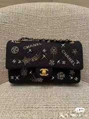 Chanel classic handbag embroidered tweed, glittering stones, glass pearls & gold metallic black 25.5cm - 1