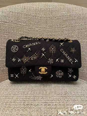 Chanel classic handbag embroidered tweed, glittering stones, glass pearls & gold metallic black 25.5cm