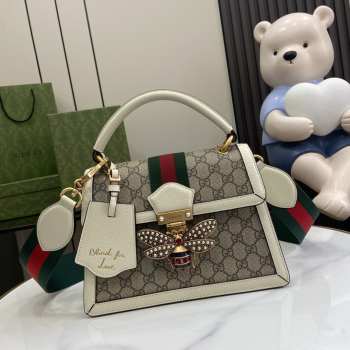 Gucci Ophidia GG small top handle white bag with bee gold buckle 25.5x17.5x13cm