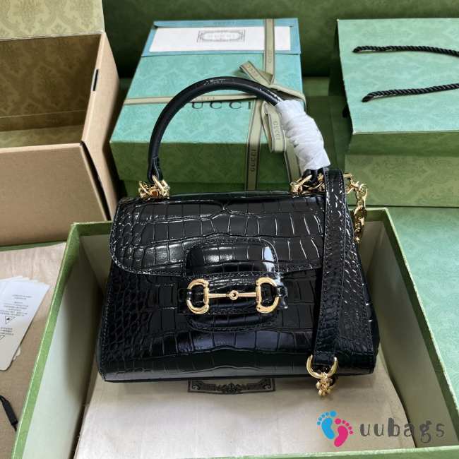 Gucci Horsebit 1955 Crocodile Top Handle Bag In Black 22x16x10.5cm - 1