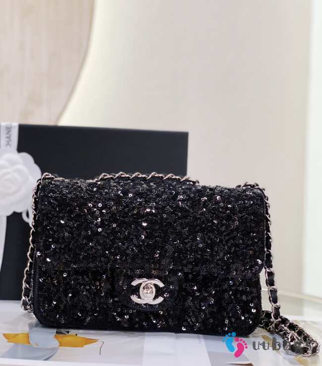 Chanel Black Sequin Silver Small Evening Shoulder Flap Bag 20cm - 1