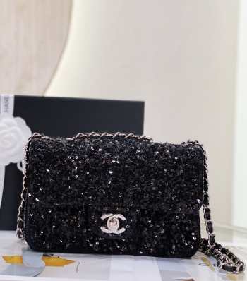 Chanel Black Sequin Silver Small Evening Shoulder Flap Bag 20cm