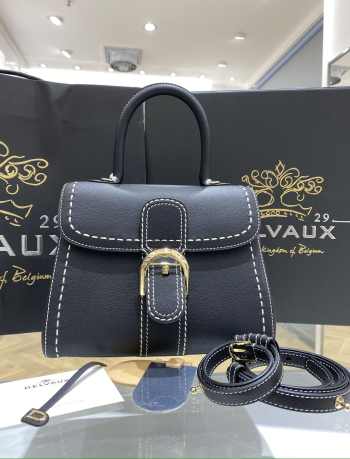 Delvaux shiny PM topstitched in Rodeo grained black calf leather 24x12x19cm