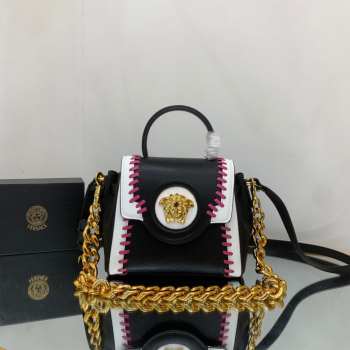 Versace Small La Medusa Whipstitch White and Black Leather Top Handle Bag 20x10x17cm