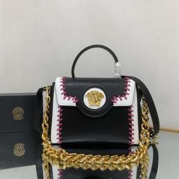 Versace La Medusa Whipstitch White and Black Leather Top Handle Bag 25x15x22cm