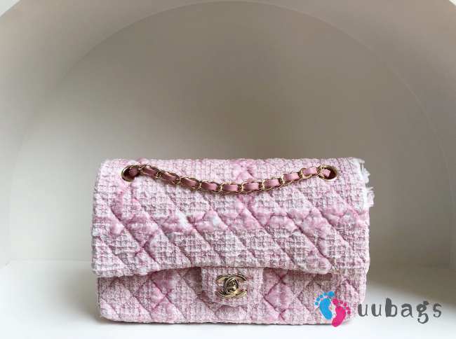 Chanel flap bag tweed in pink with gold hardware 25cm - 1