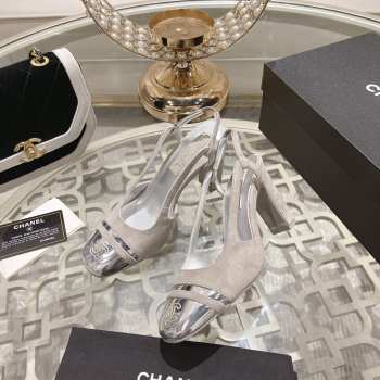 Chanel Slingback Shoes Metallic Calfskin & Suede Leather Grey 5cm/8cm