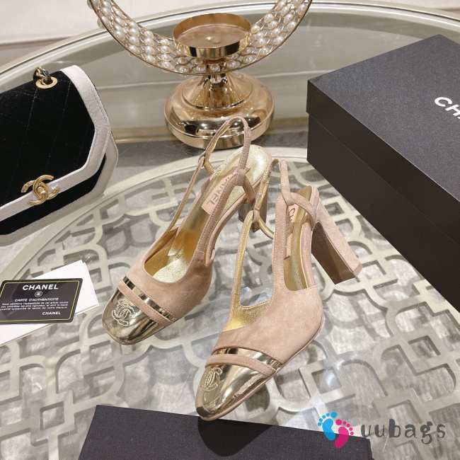 Chanel Slingback Shoes Gold Metallic Calfskin & Suede Leather Beige 5cm/8cm - 1