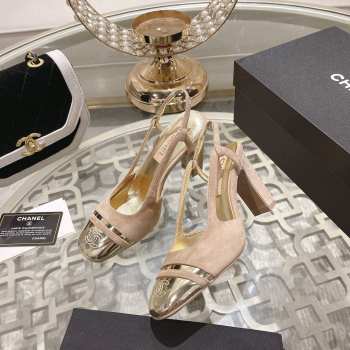 Chanel Slingback Shoes Gold Metallic Calfskin & Suede Leather Beige 5cm/8cm