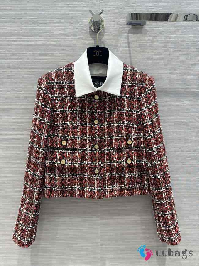 Chanel Autumn red tweed jacket with long sleeve shirt collar - 1