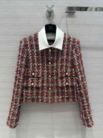 Chanel Autumn red tweed jacket with long sleeve shirt collar