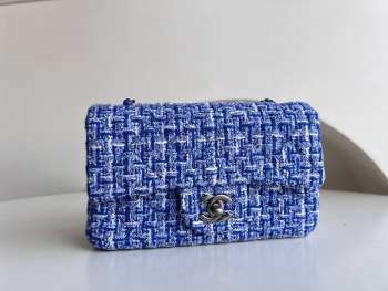 Chanel Small Tweed & Silver-Tone Metal Double Flap Bag Blue 20x12x6cm