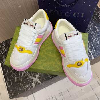 Gucci Screener sneaker with white GG canvas pink and yellow padded leather Web