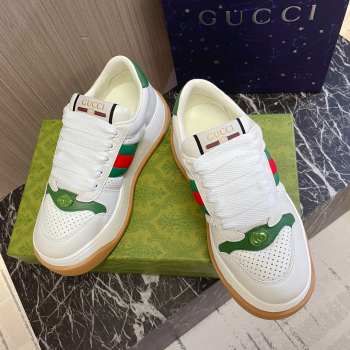 Gucci women Screener Sneaker with white GG canvas green and white padded leather