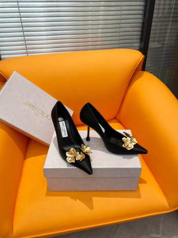 Jimmy Choo Ixia 95 Black Satin Pumps with Flowers 10cm