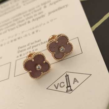 Van Cleef & Arpels Alhambra 18k Gold Pink Opal Diamond Earrings