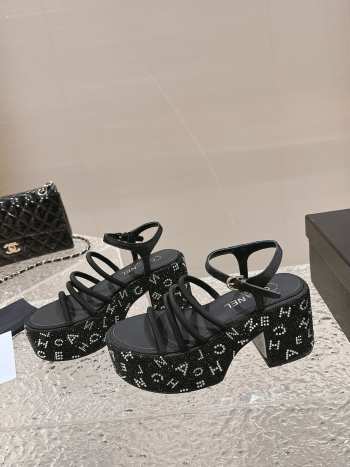 Chanel Sandal Fabric & Stone Beads Black & Silver 7cm