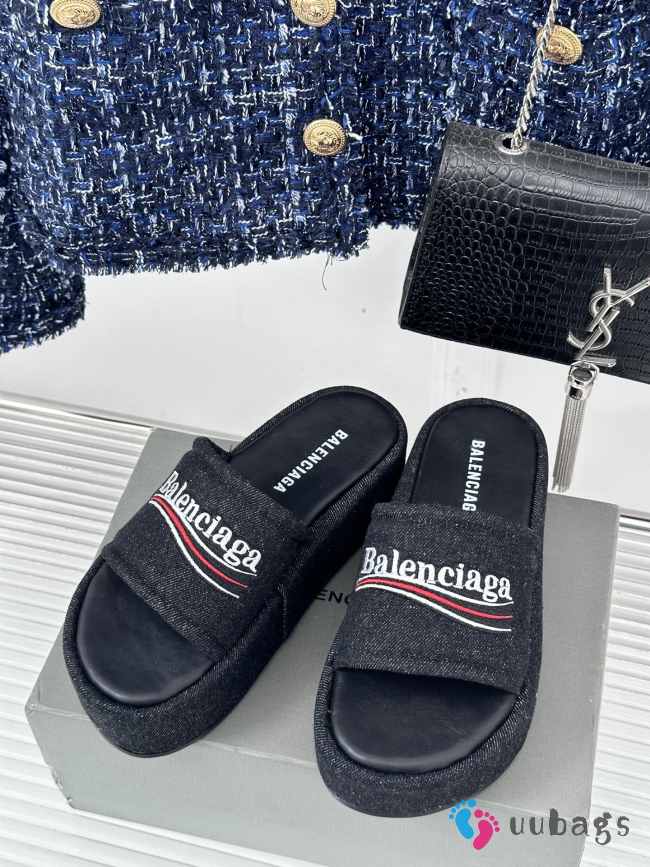 Balenciaga Black Denim Platform Heeled Sandals - 1