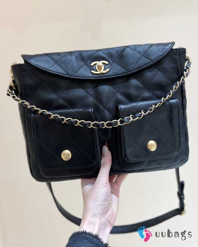 Chanel Large Hobo Bag Glossy Calfskin & Gold-Tone Metal Black 22x30x5cm - 1