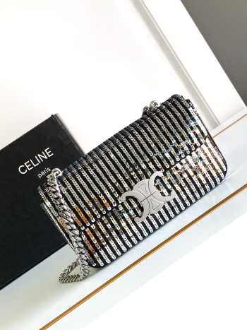 Celine Chain Bag Claude In Satin With Striped Sequins Black/ Silver 20.5x11.5x4cm