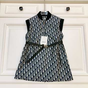 Belted Dress Blue Technical Taffeta Jacquard with Dior Oblique Motif For Kids