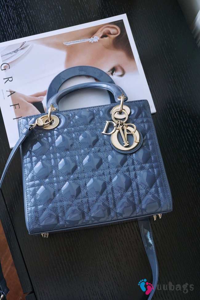 Dior lady patent leather bag in blue 24cm - 1