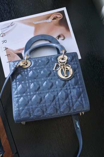 Dior lady patent leather bag in blue 24cm