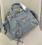 Balenciaga Neo Cagole City Handbag in blue washed and frayed denim, aged-silver hardware with rhinestones - 2