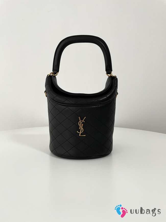 YSL Gaby Bucket Bag With Flap Top In Black Lambskin 19x17x15cm - 1