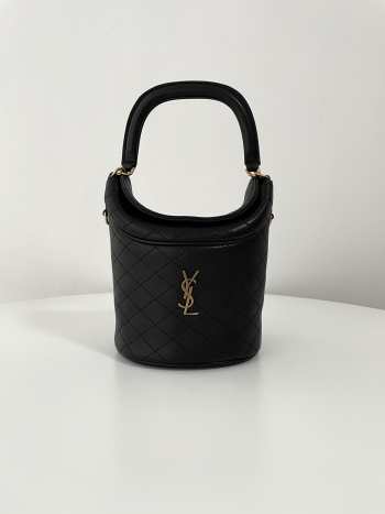 YSL Gaby Bucket Bag With Flap Top In Black Lambskin 19x17x15cm