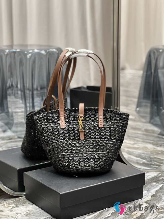 YSL Panier Large Black Tote Bag In Raffia With Brown Handle 42×20×22cm - 1