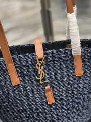 YSL Panier Large Blue Tote Bag In Raffia With Brown Handle 42×20×22cm - 6