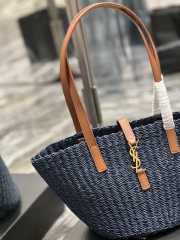 YSL Panier Large Blue Tote Bag In Raffia With Brown Handle 42×20×22cm - 5