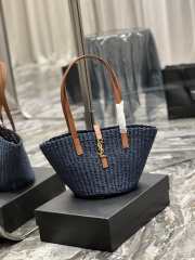 YSL Panier Large Blue Tote Bag In Raffia With Brown Handle 42×20×22cm - 3