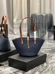 YSL Panier Large Blue Tote Bag In Raffia With Brown Handle 42×20×22cm - 1